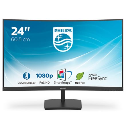 Asztali monitor, Philips Ívelt VA monitor 23.6 241E1SC, 1920x1080, 16:9, 250cd/m2, 4ms, VGA/HDMI