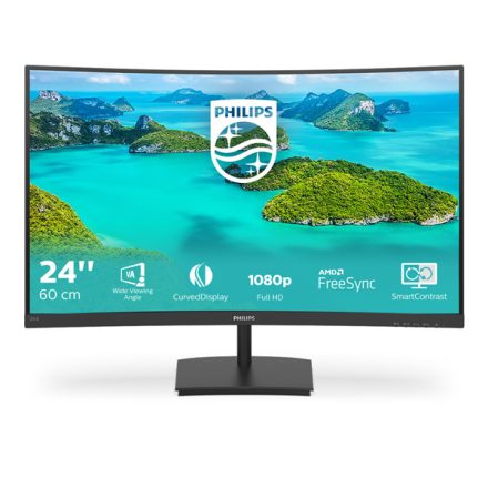 Asztali monitor, Philips Ívelt VA monitor 23.6 241E1SCA, 1920x1080, 16:9, 250cd/m2, 4ms, VGA/HDMI, hangszóró