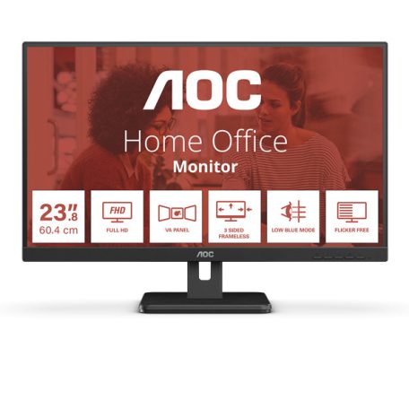 Asztali monitor, AOC VA monitor 23.8" 24E3UM, 1920x1080, 16:9, 300cd/m2, 4ms, HDMI/DisplayPort/2xUSB/VGA, hangszóró
