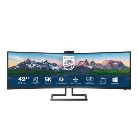 Asztali monitor, Philips Ívelt monitor 49 499P9H, 5120x1440, 32:9, 450cd/m2, 5ms, USB-C(+dokkoló)/3xUS/LAN/DP/2xHDMI, hangszóró/webkam