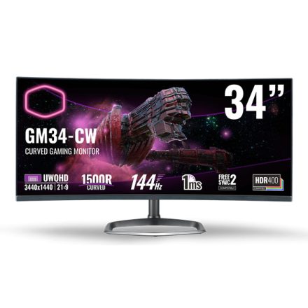 Asztali monitor, CoolerMaster Ívelt VA monitor Quantum Dot, 34" GM34-CW, 144Hz, UWQHD 3440x1440, FreeSync2, 2xHDMI2.0/1xDisplayport1.2