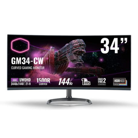 Asztali monitor, CoolerMaster Ívelt VA monitor Quantum Dot, 34" GM34-CW, 144Hz, UWQHD 3440x1440, FreeSync2, 2xHDMI2.0/1xDisplayport1.2