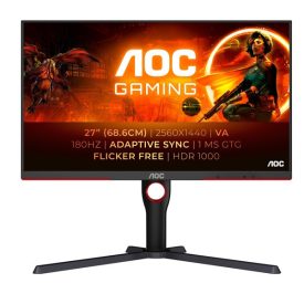   Asztali monitor, AOC Gaming 180Hz monitor 27" Q27G3XMN/BK, 2560x1440 16:9, 1.000cd/m2, 1ms, 2xHDMI/DisplayPort, áll. mag.,pivot, HDR1000